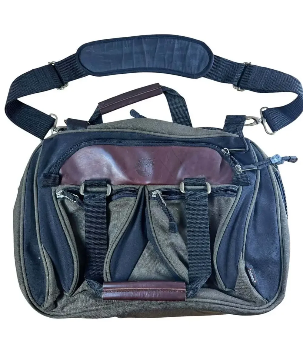 Timberland Green and Black Canvas Leather Laptop Briefcase Messenger Bag